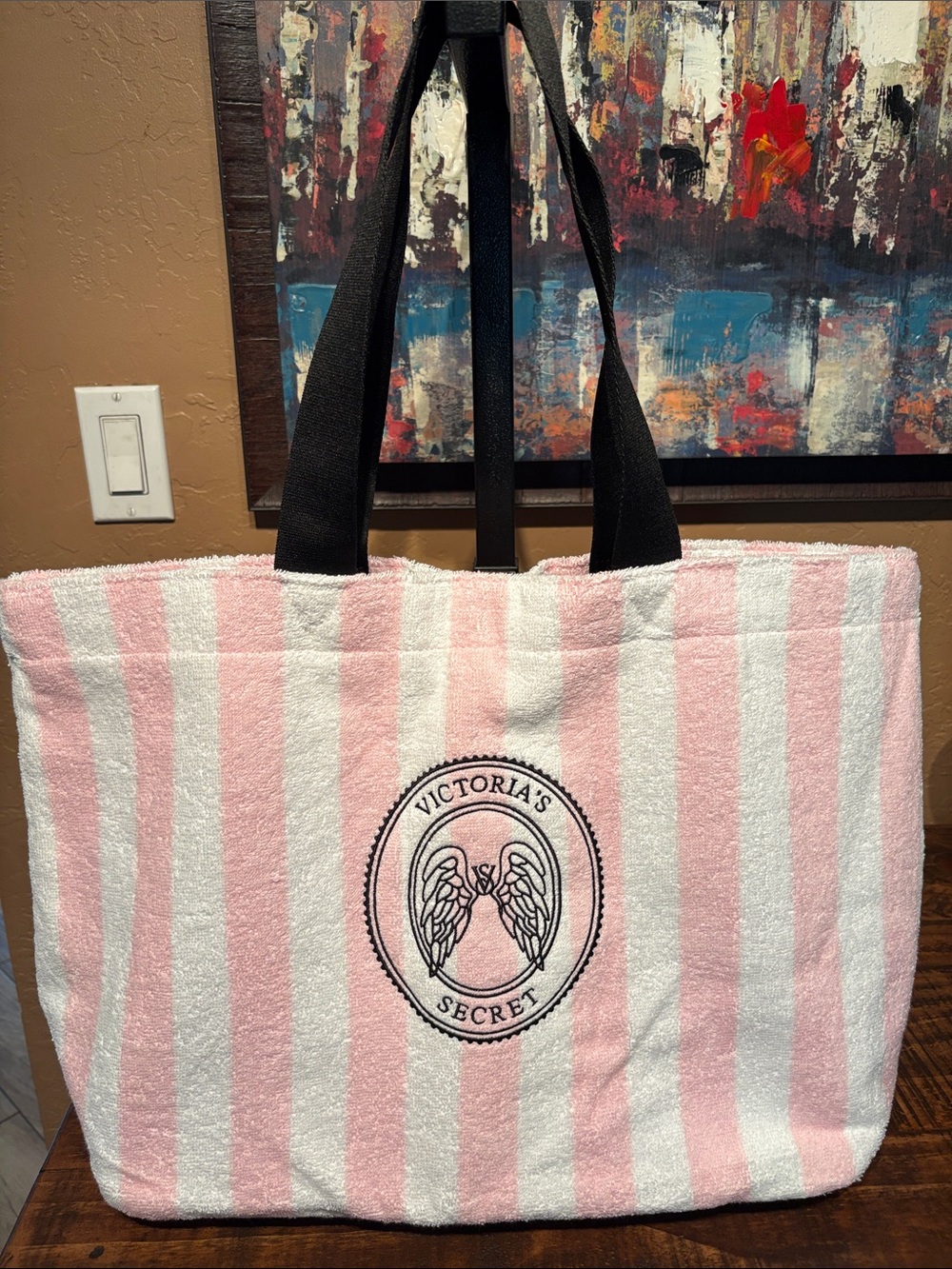 Victoria's Secret Pink & White Terry Cloth Striped Tote with Black Handles NWOT